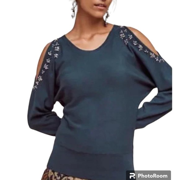 Anthropologie Sweaters - ANTHROPOLOGIE Green Knotted & Knitted Brand Open Shoulder Bejeweled Sweater - L
